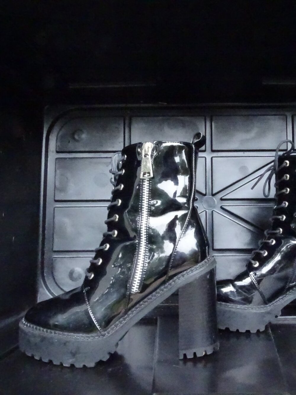 Black Patent Lace Up Platform Combat Boots Size 40 EU 9 Chunky Block Heel Grunge